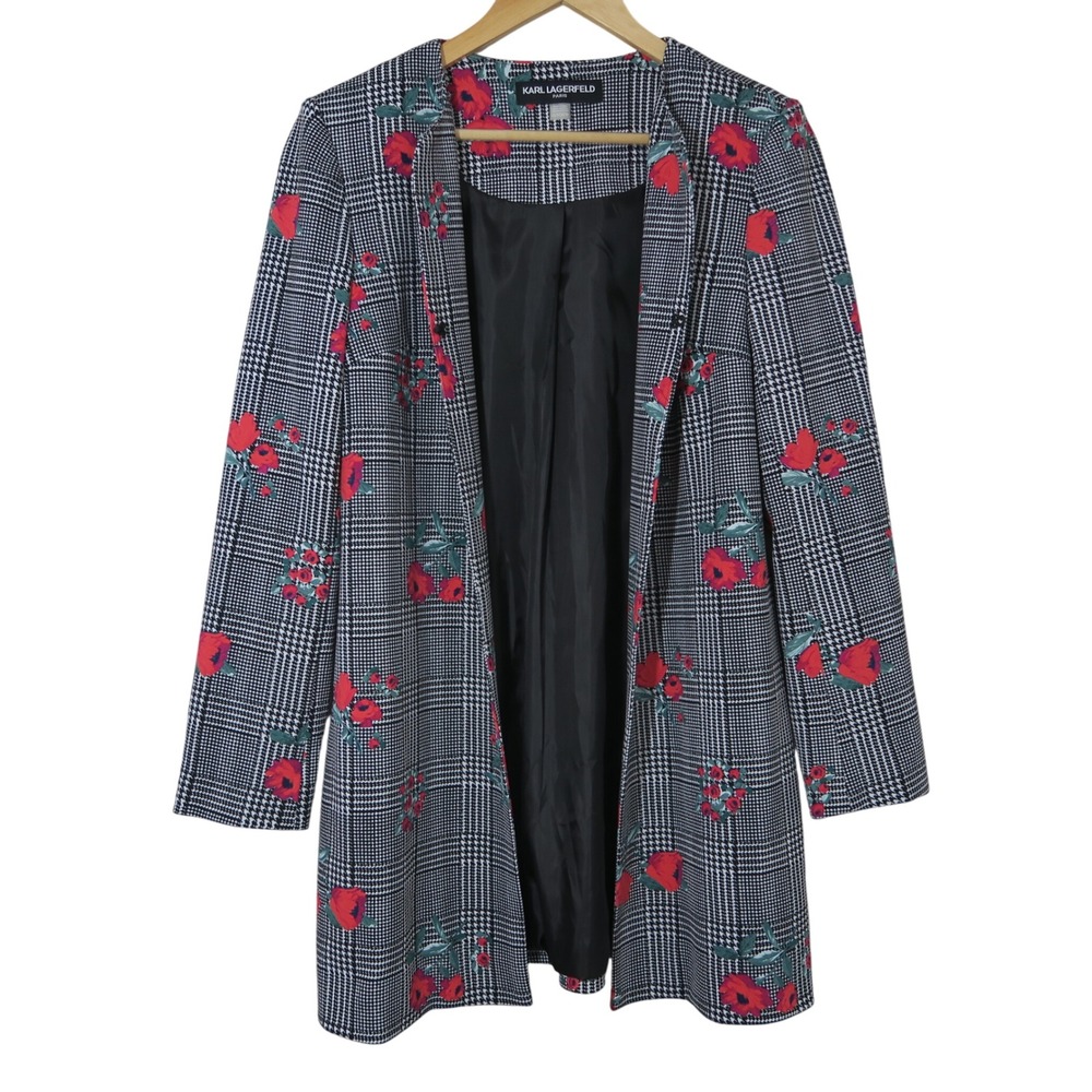 Karl Lagerfeld Blazer Plaid‎ Floral Print Open Front Paris Career Work Black